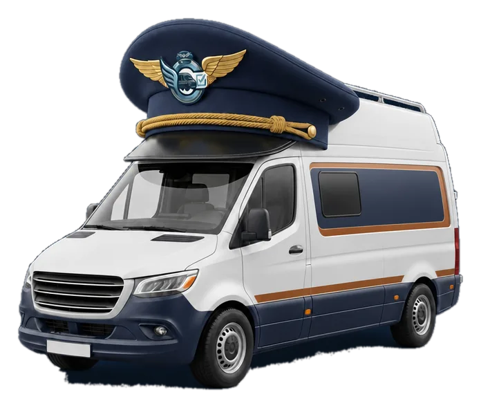 Camper-Van mit Kapitänsmütze – das Maskottchen von Cleared for Camping