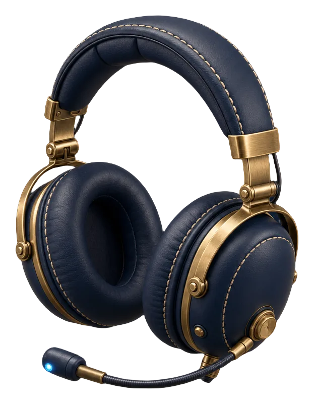 3D-Illustration: Piloten-Headset in Navy-Leder – der Co-Pilot funkt zurück